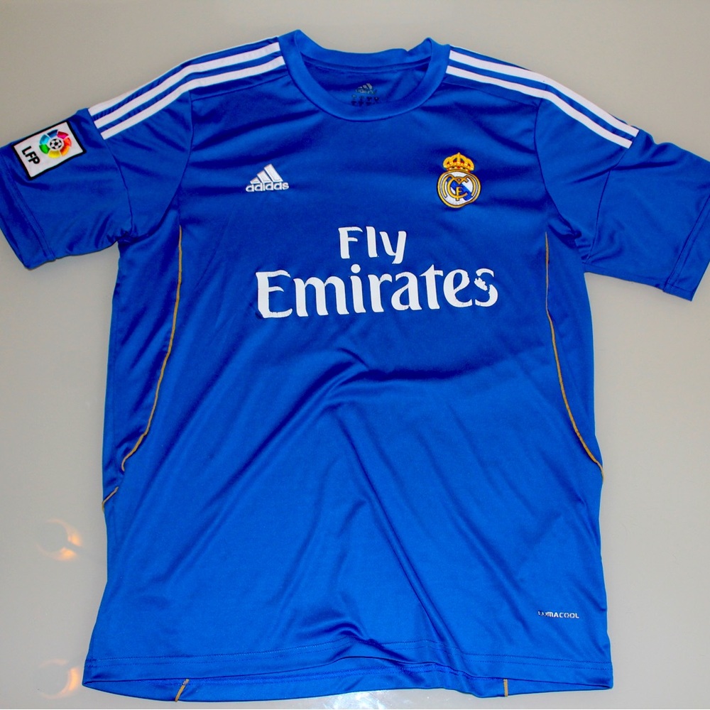 Real Madrid Fly Emirates Jersey Large Men Blue Adidas Soccer Futbol Climacool